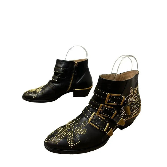 Chloe Susanna Studded Ankle Boots Size EU 37
US 7 Black Gold Leather Buckle - Picture 2 of 7